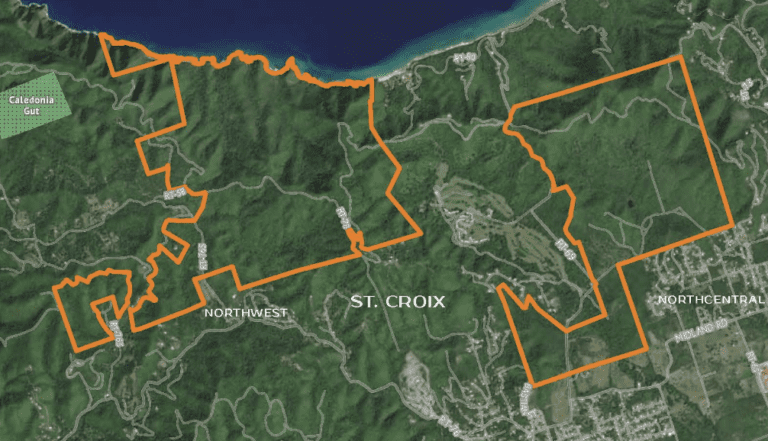 A map shows Maroon Country land that will be preserved as part of the Territorial Parks system. (Photo by Trust for Public Land and DPNR, Division of Territorial Parks & Protected Areas)